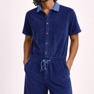 ASOS Navy Terrycloth Romper with Drawstring Waist and Polo Collar - Size M